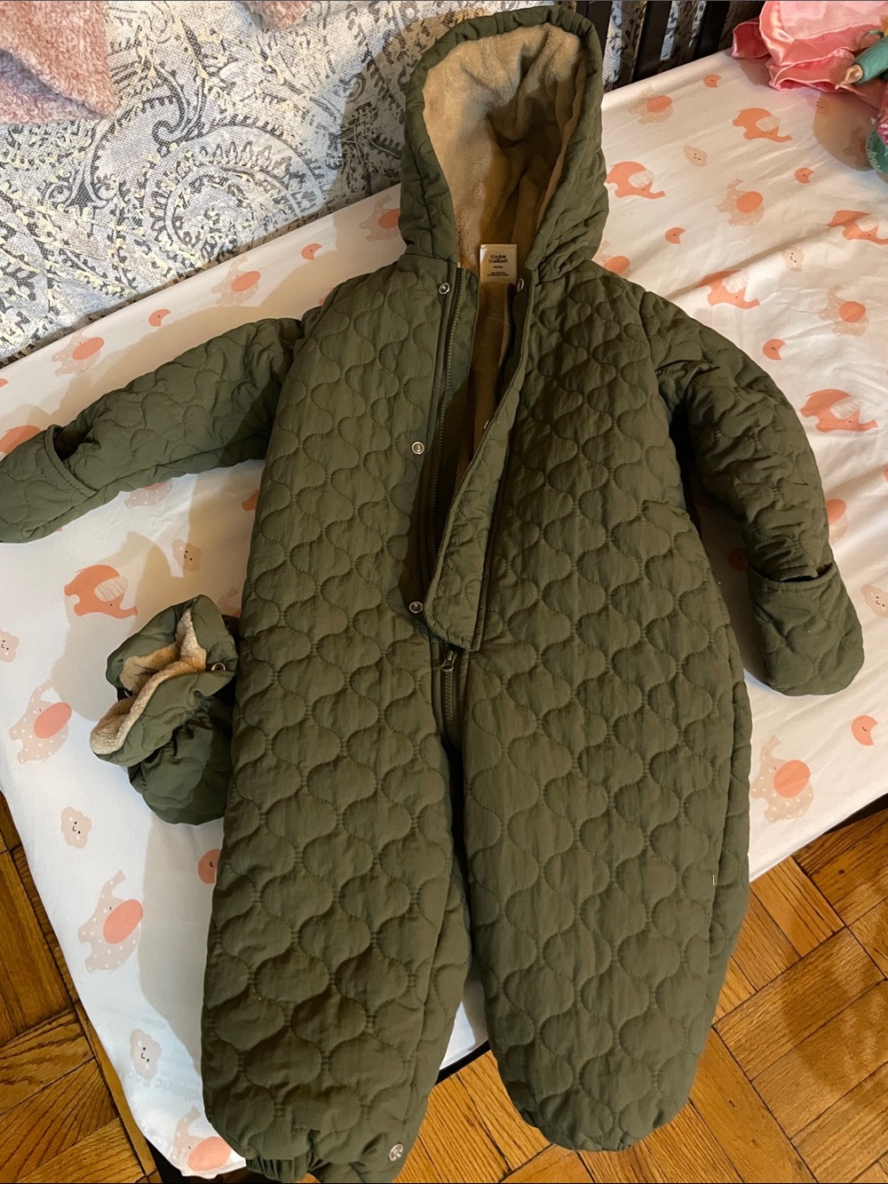First Impressions Olive Green Quilted Hooded Puffer Snowsuit